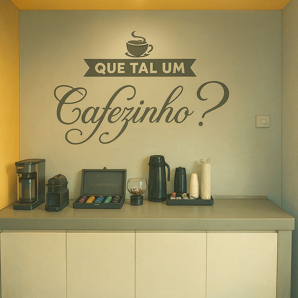 Recepção com uma mensagem amigável e área de café.
